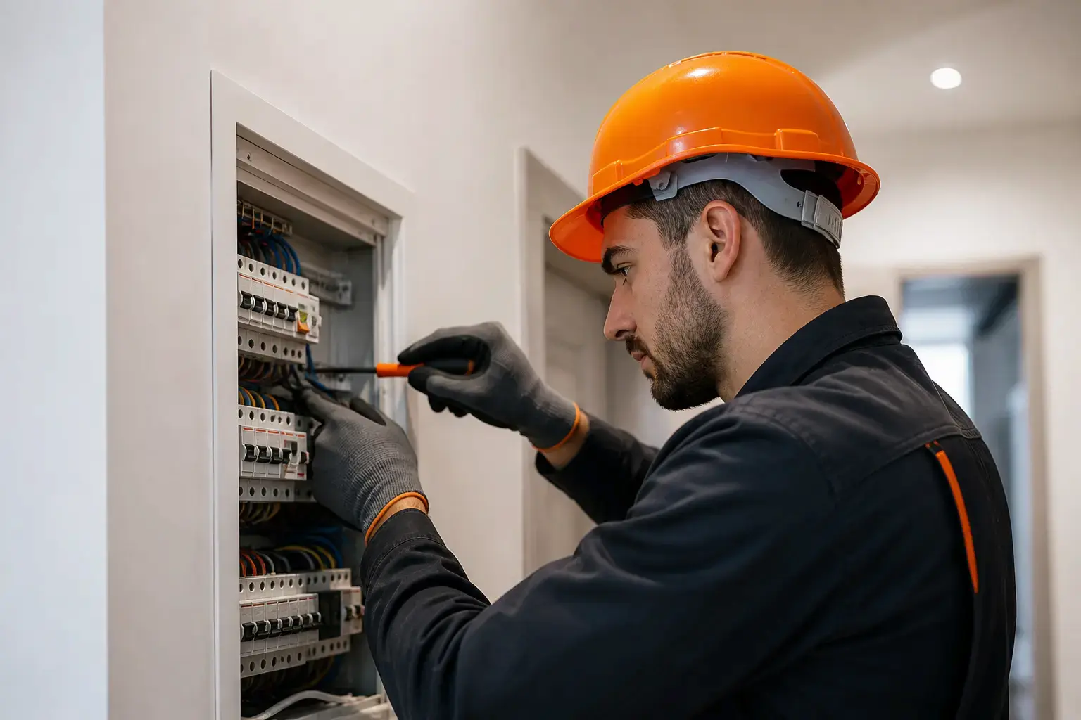 Elettricista al lavoro su un quadro elettrico a Bergamo