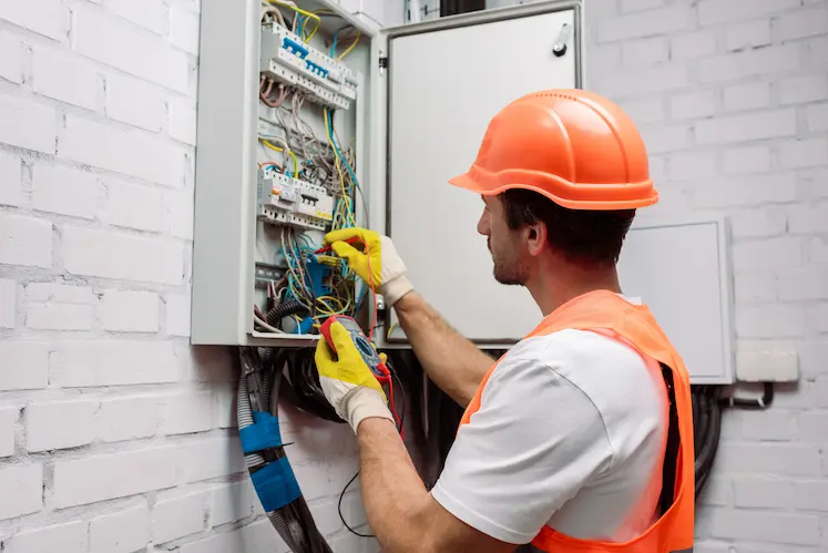 Tecnico che effettua la diagnosi di un guasto elettrico con multimetro