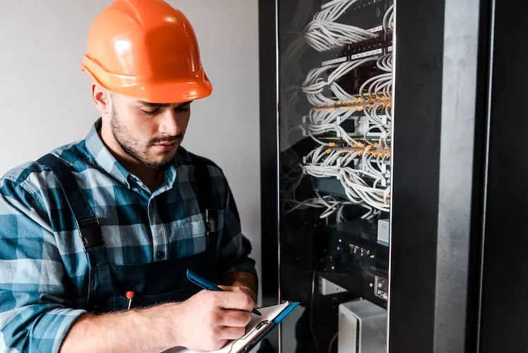 Elettricista che aggiorna un quadro elettrico datato a Bergamo