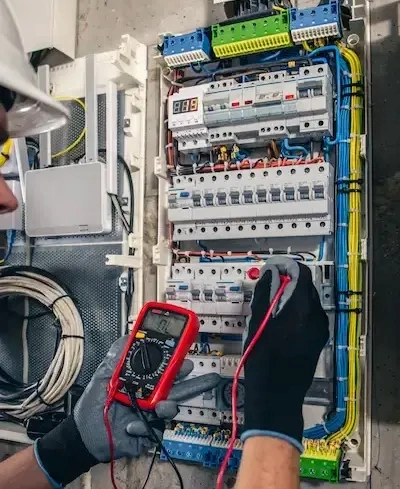 Elettricista al lavoro sulla realizzazione di un impianto elettrico civile a Bergamo